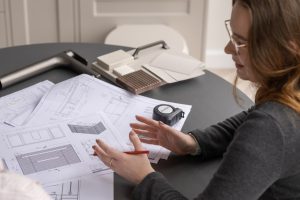 Bathroom furniture plans with material samples and technical drawings